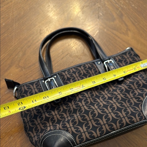 Fossil Brown Monogram Canvas & Black Leather Tote Bag Satchel w/ Stitch Detail - Picture 10 of 13